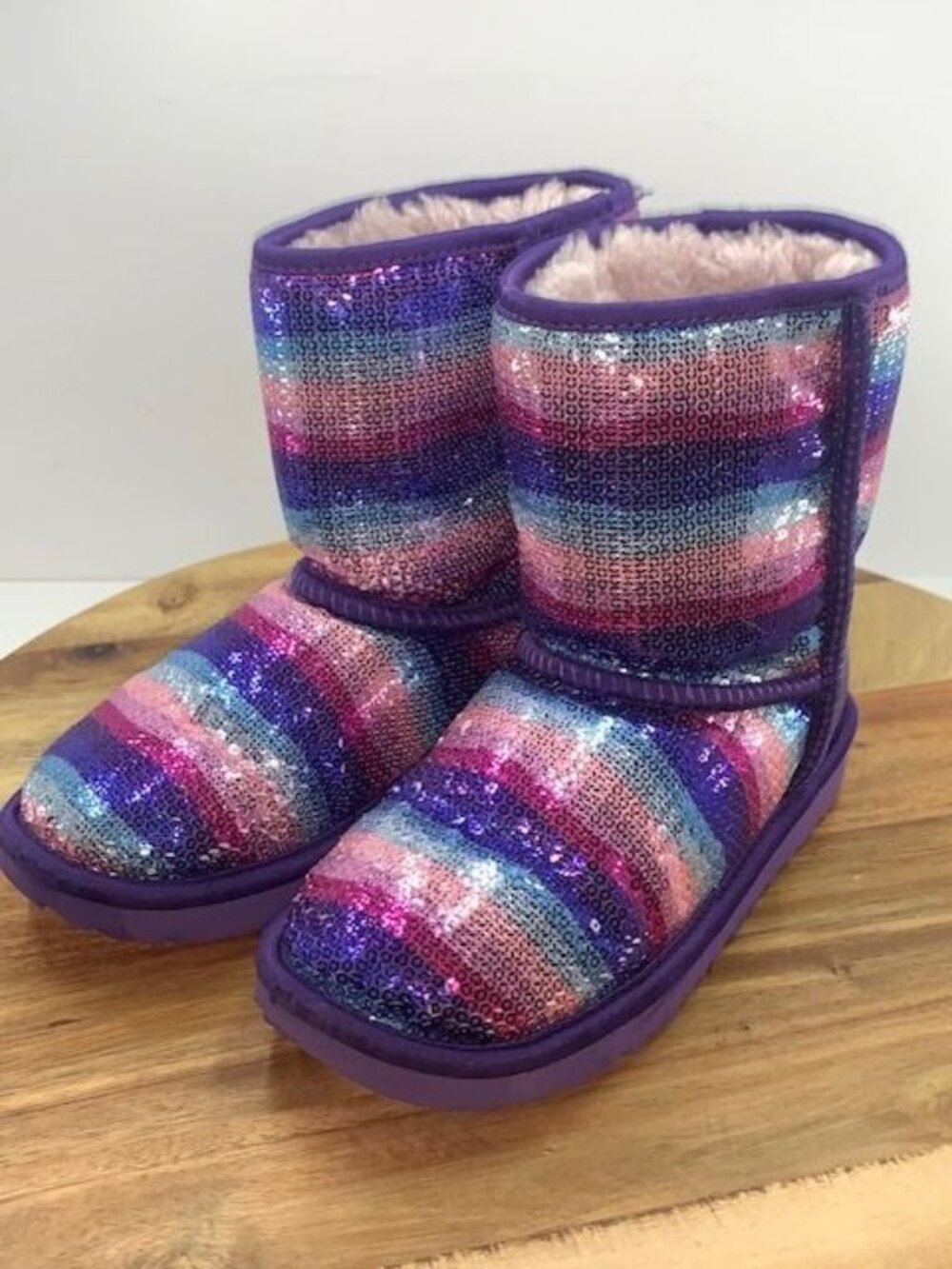 UGG Classic Short II Boots Youth Girl SZ 3 Multi Sequin Rainbow Lined 1103622K